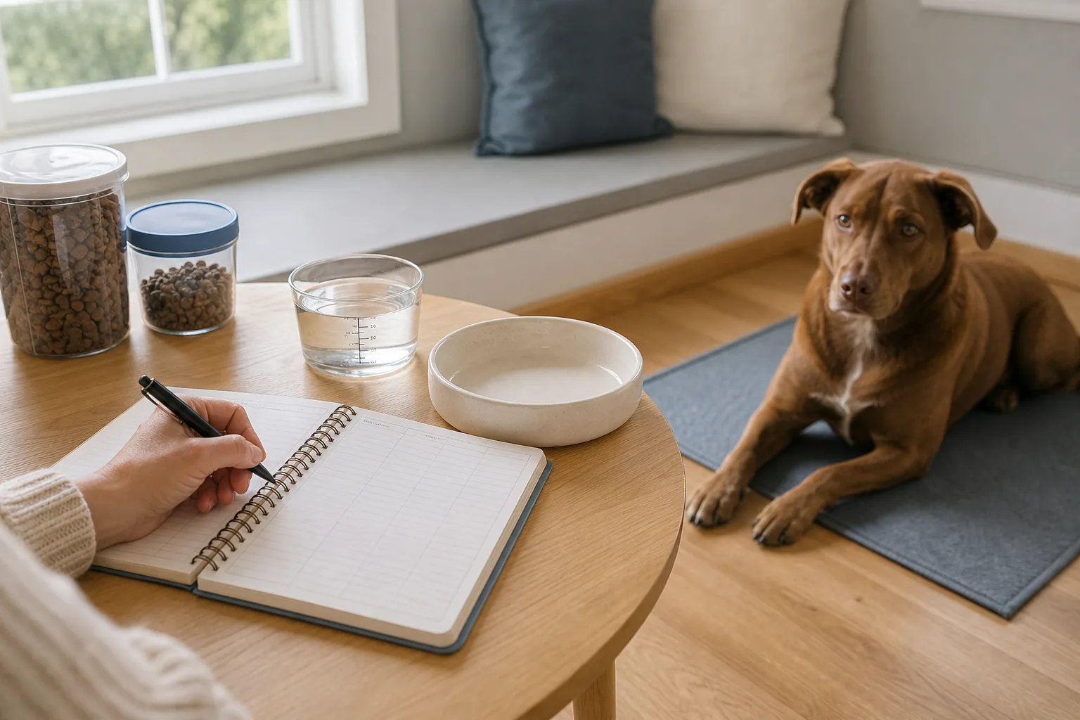 An owner records an observation in a blank daily log while a brown dog rests near water and food containers