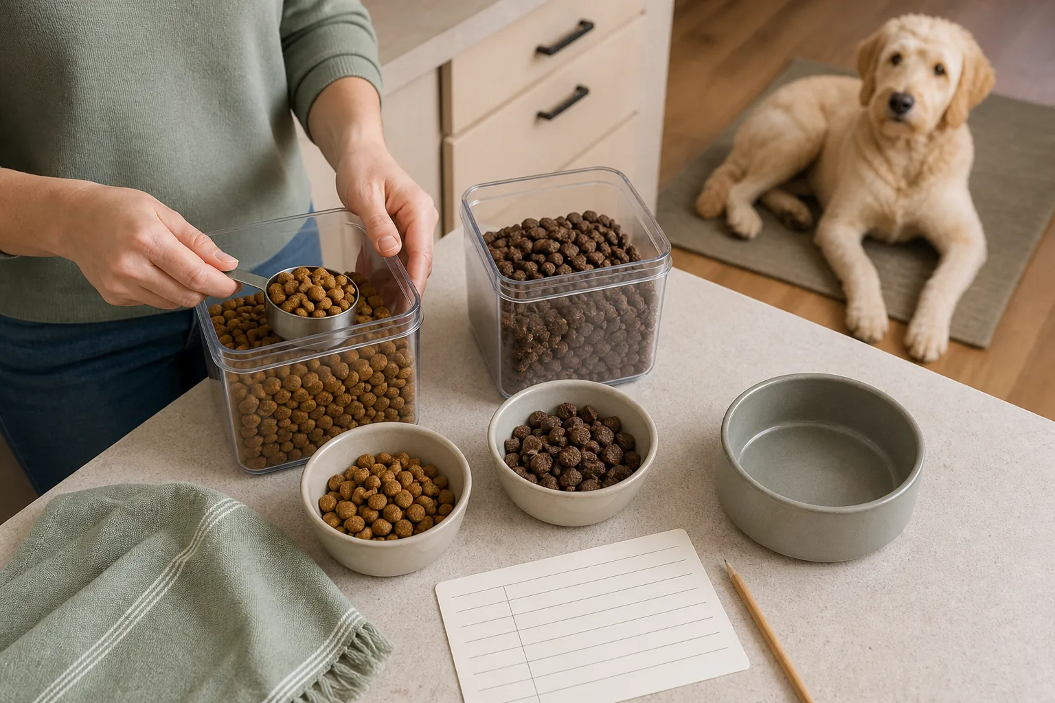 An owner measures two different plain kibbles into separate bowls beside a blank transition planning card