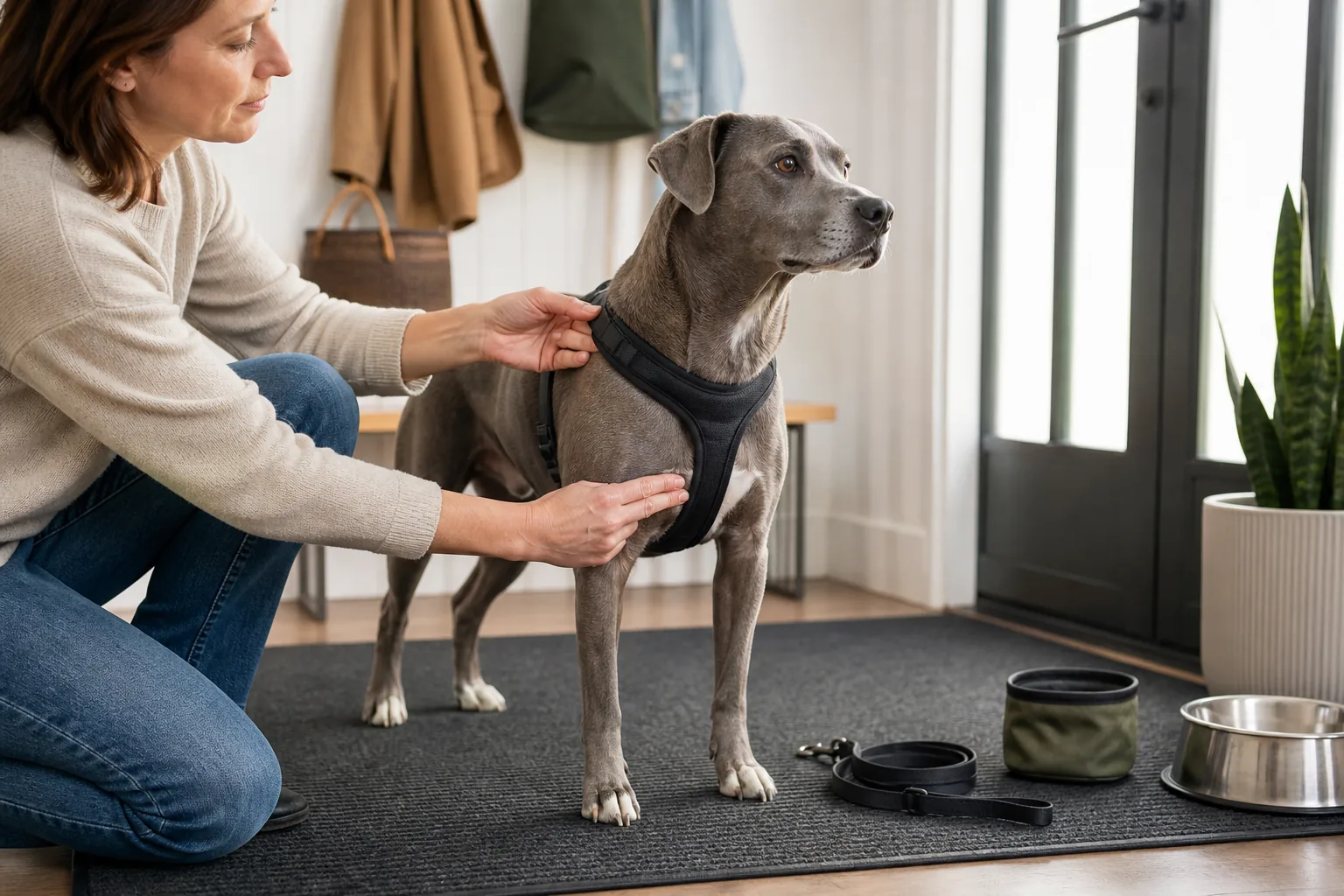 An owner checks the fit of a padded Y-front harness on a relaxed gray dog before a walk
