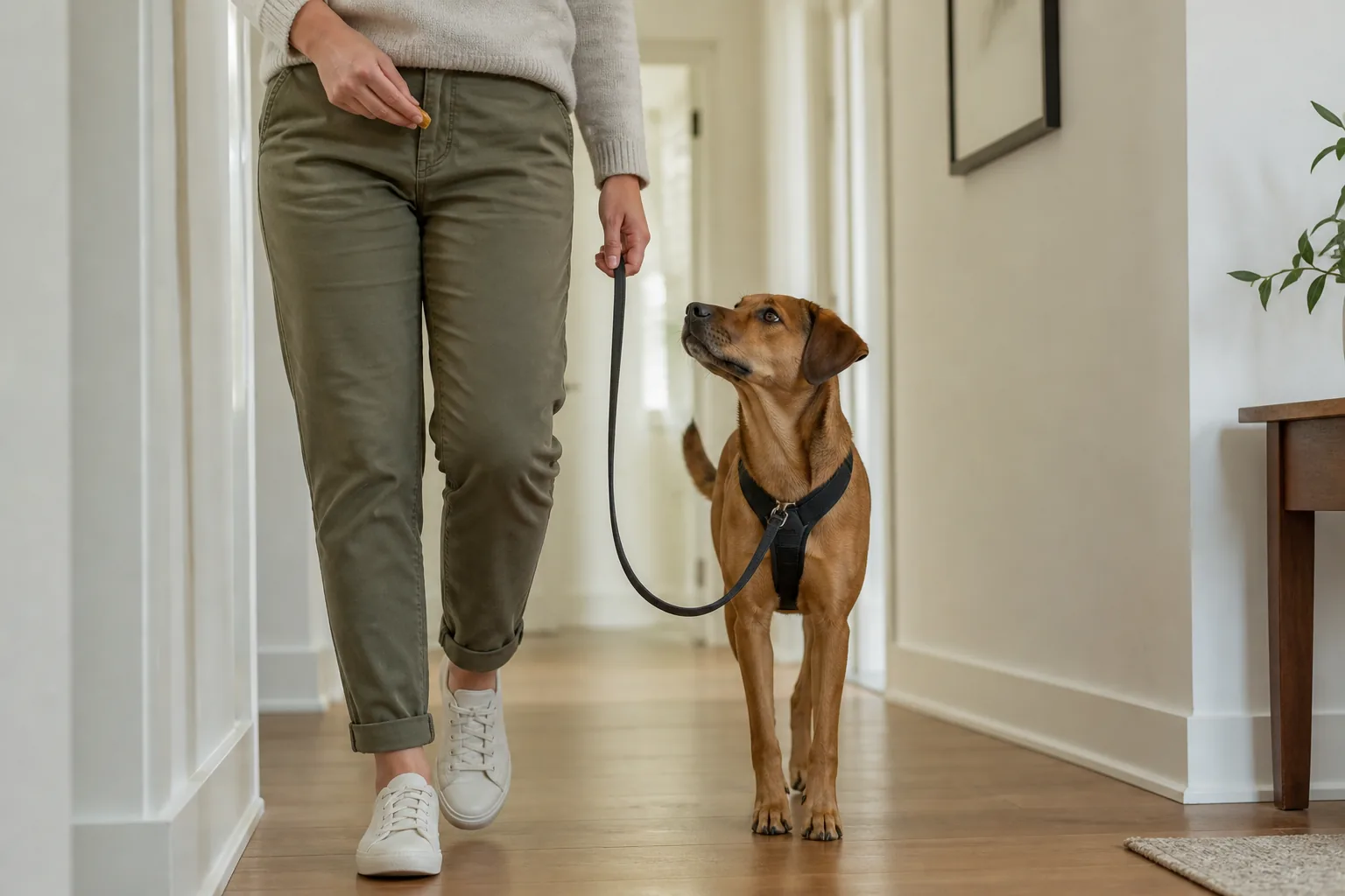 A brown dog follows beside its handler indoors with a relaxed J-shaped leash and receives a tiny reward