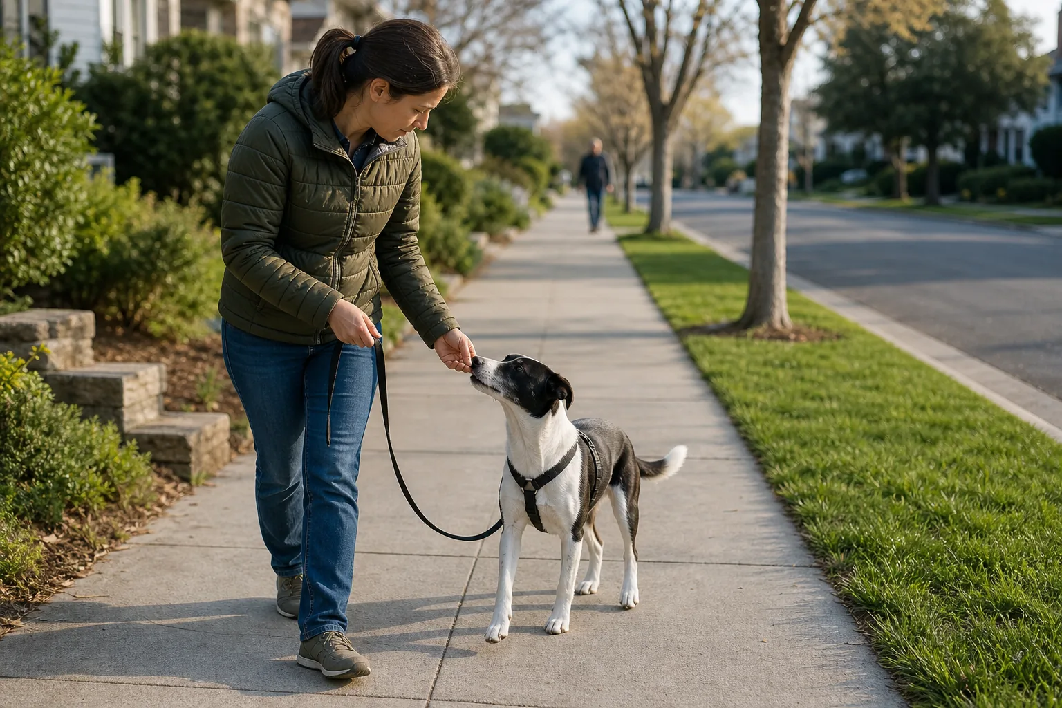 A handler rewards a black-and-white dog during loose-leash practice on a quiet wide sidewalk