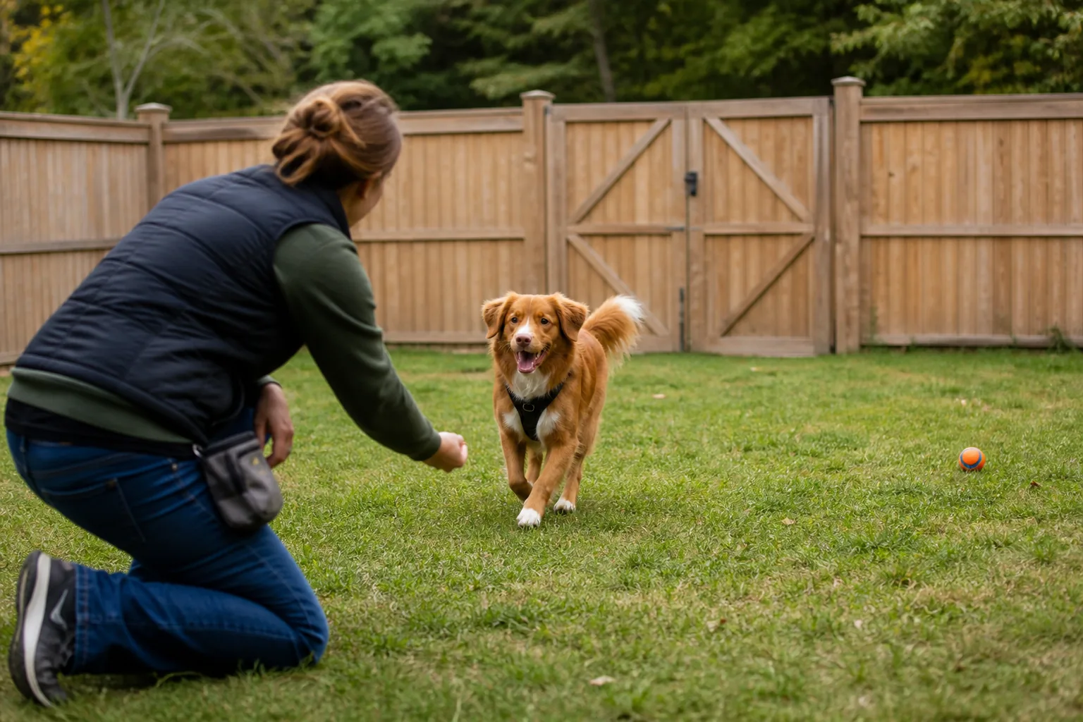 A red-and-white dog runs toward its handler inside a fully enclosed yard with a closed gate
