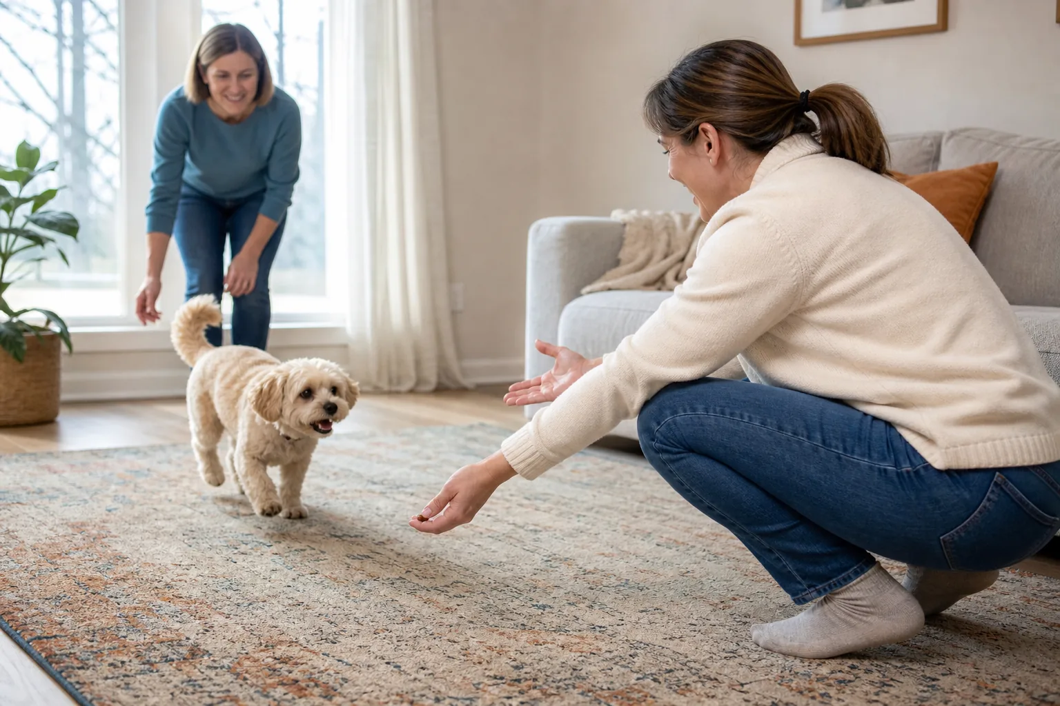A small cream dog moves happily between two adults during a short indoor recall game