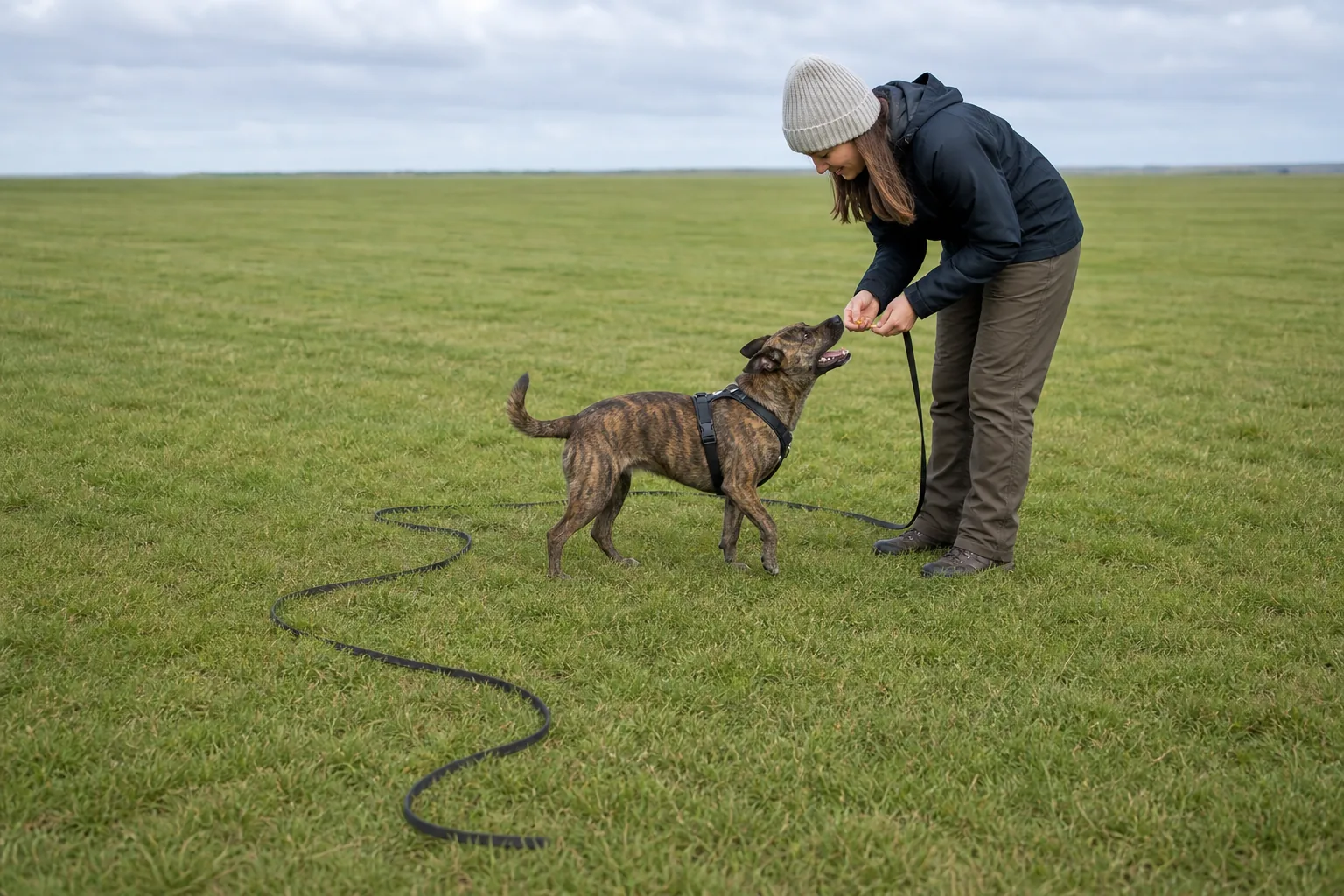 A brindle dog receives a reward after returning on a single slack long line in an open field