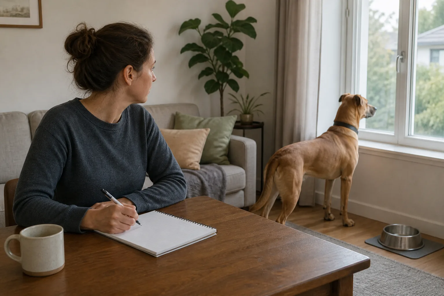 An owner records context in a blank notebook while an alert tan dog quietly watches through a closed window