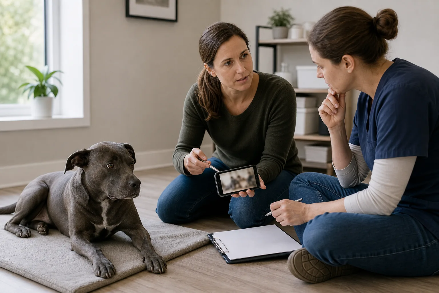 A dog owner and veterinary behavior professional review a blurred phone video beside a calm gray dog
