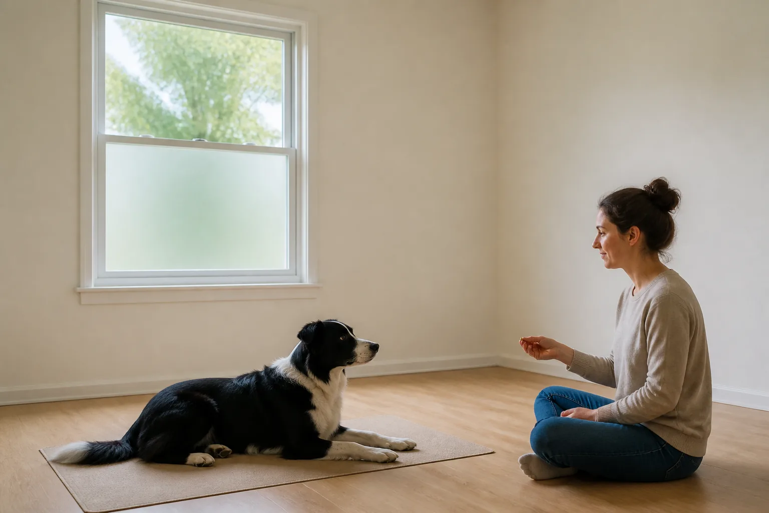 A black-and-white dog relaxes away from a window whose lower view is covered with plain privacy film