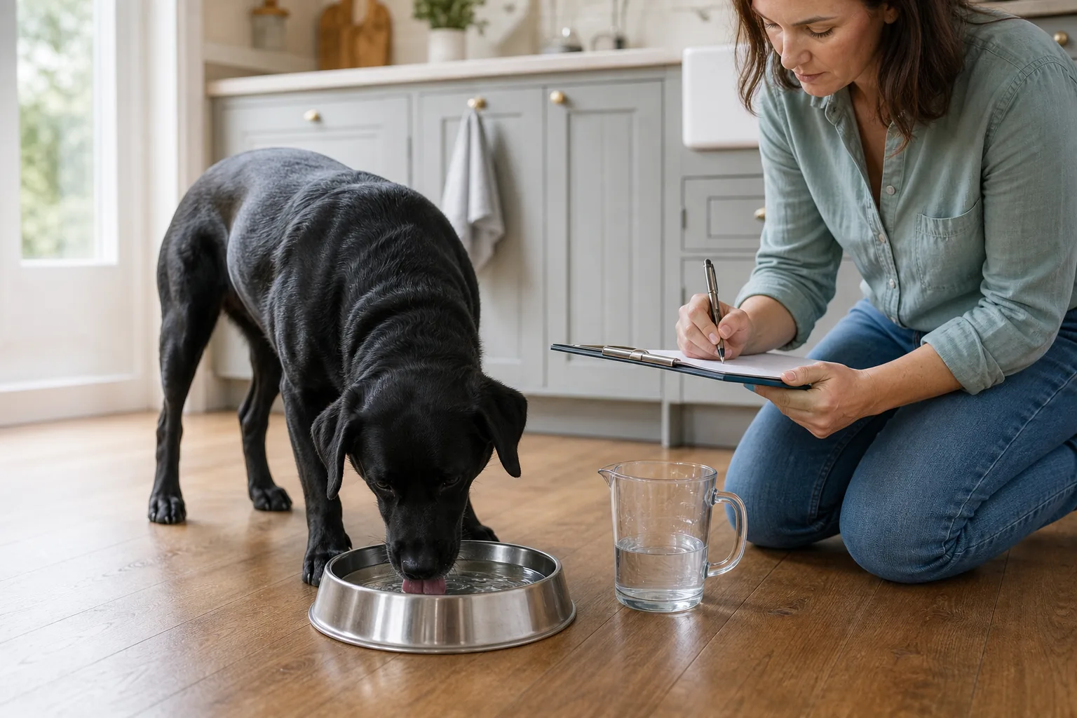 An owner observes a black dog drinking freely while recording water use beside an unmarked jug