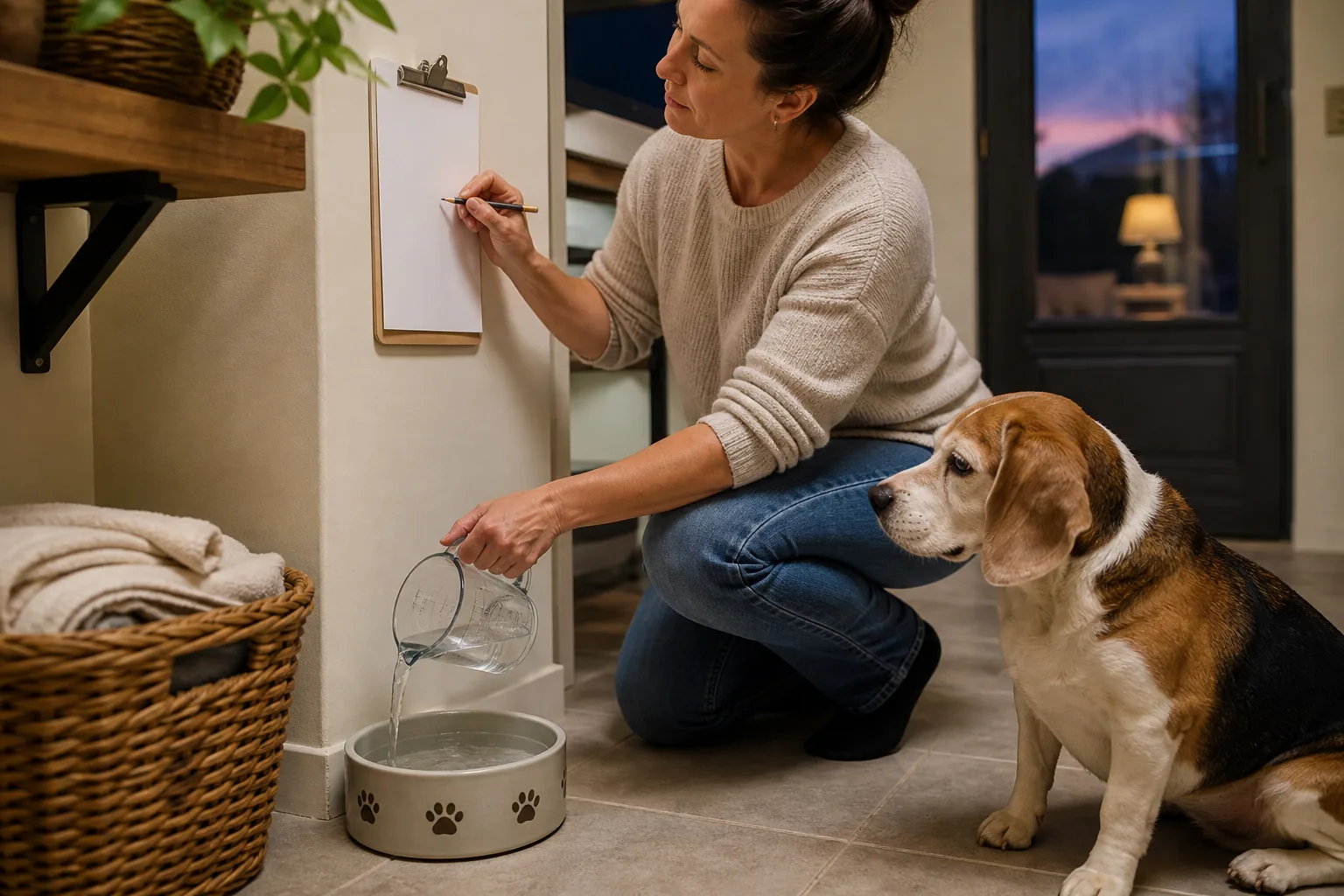 An owner refills a senior dog's water bowl and records the refill on a blank observation log