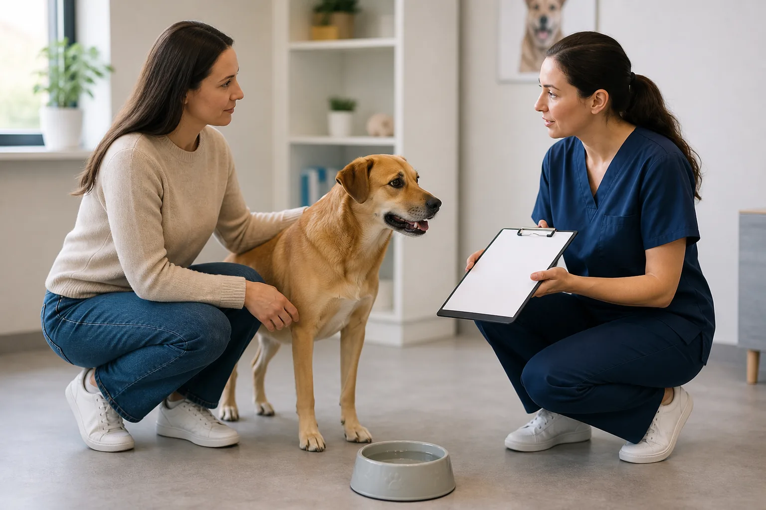 A veterinarian reviews a blank hydration log with a dog owner while fresh water remains available