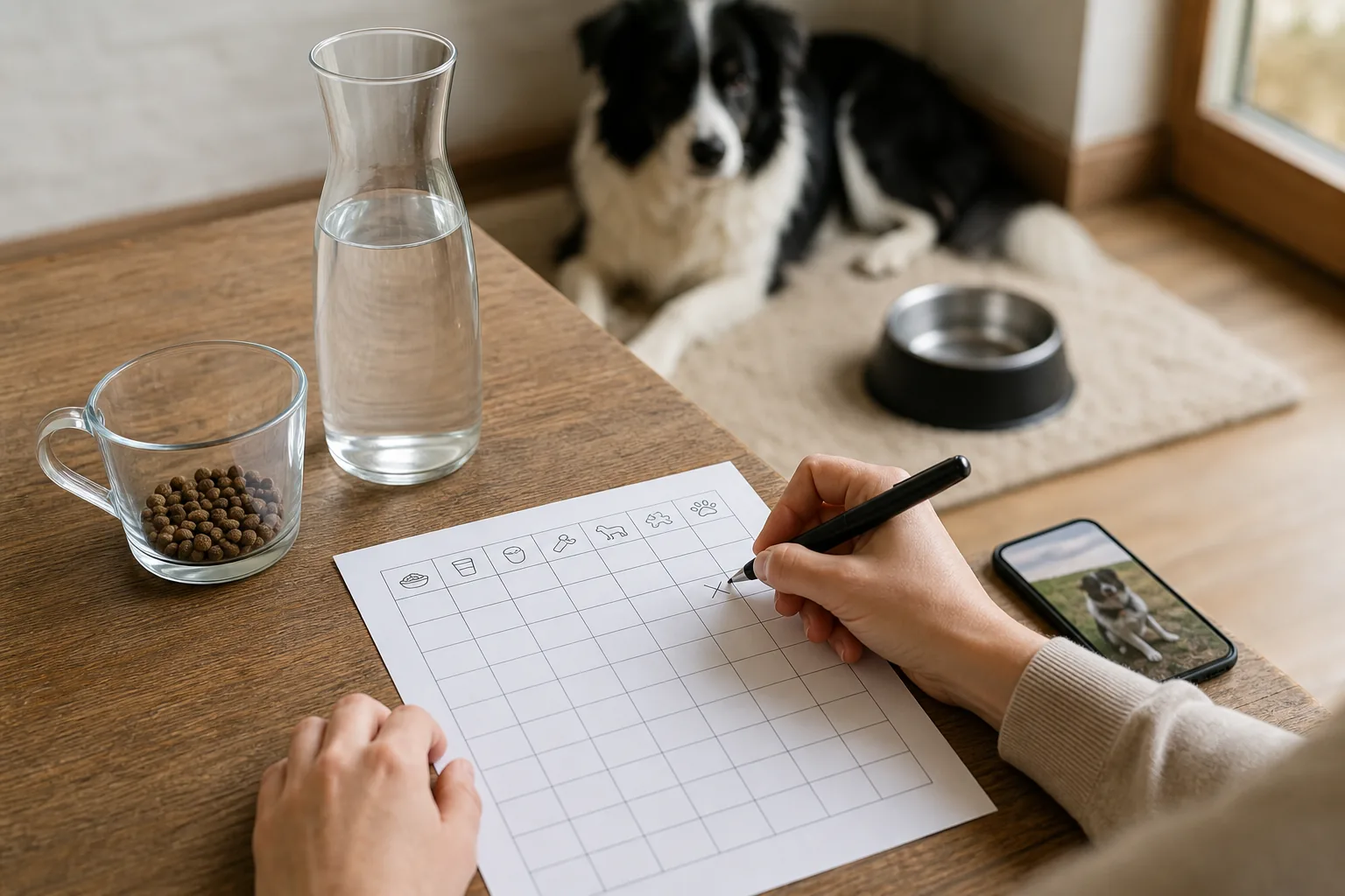 An owner tracks food and water observations on a simple grid while a black-and-white dog rests nearby