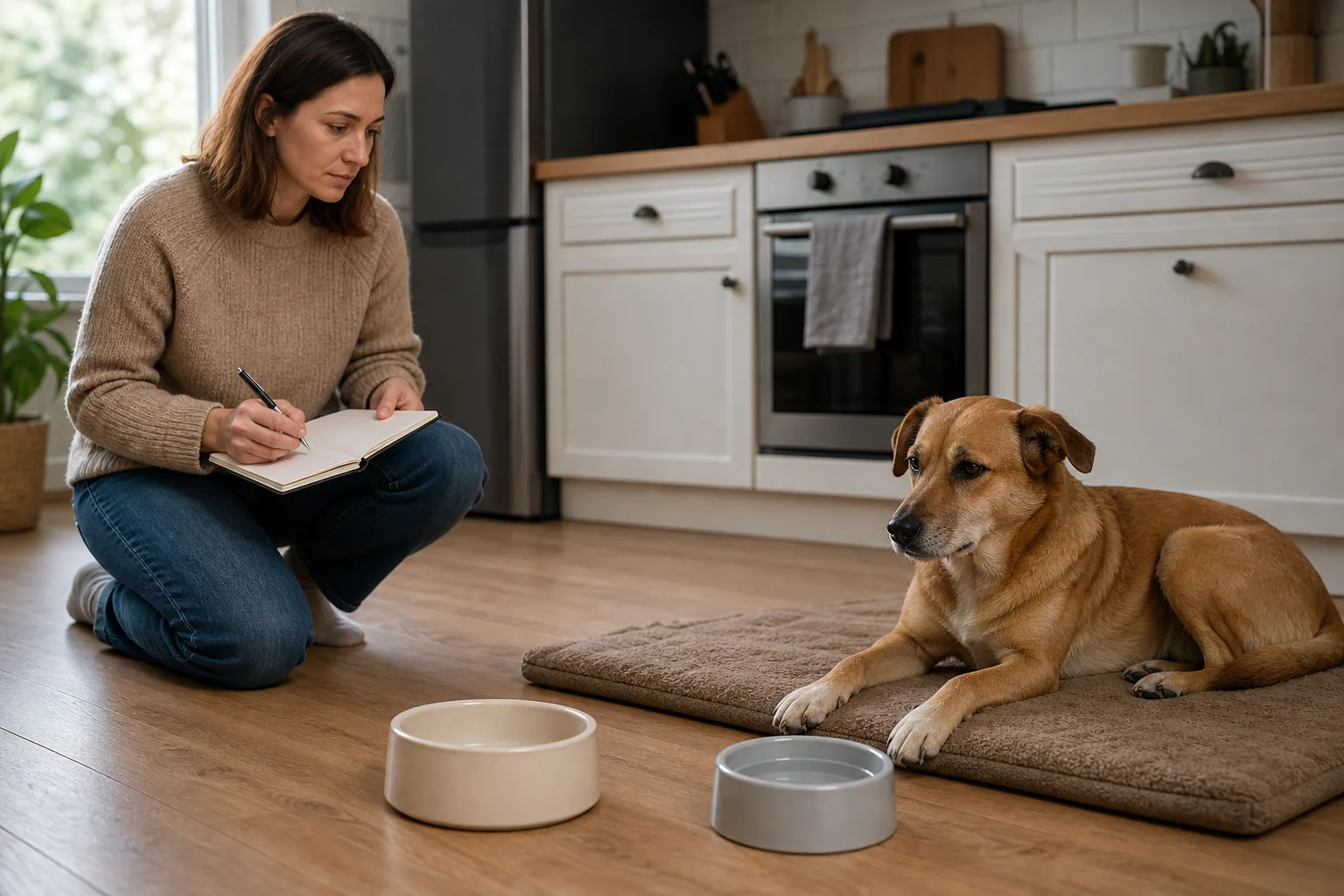 An owner calmly records observations while an alert dog rests beside an untouched food bowl and fresh water