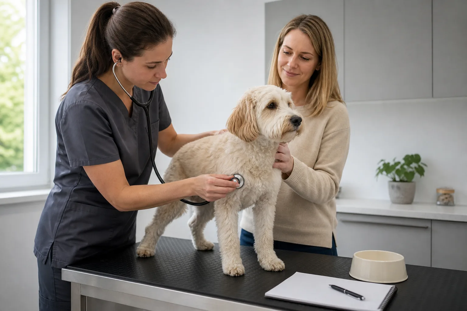 A veterinarian gently examines an alert cream-colored dog while its owner offers calm support
