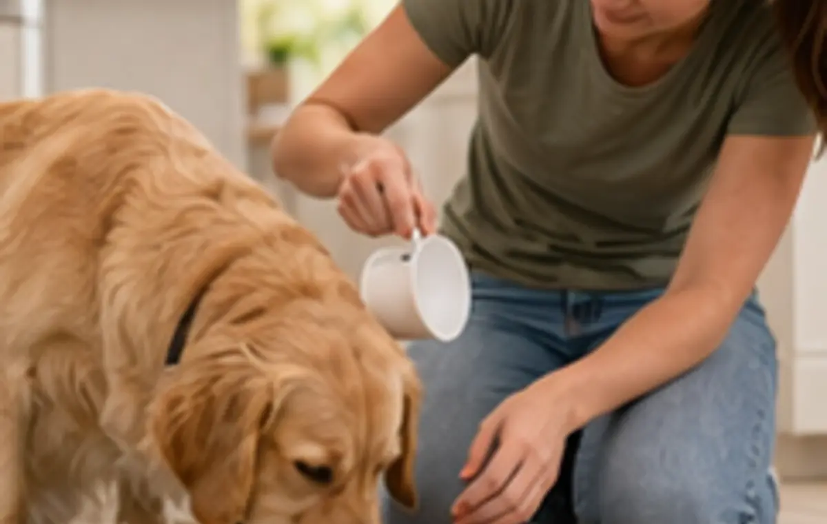Measured dog food and dog-safe whole foods arranged on a kitchen counter