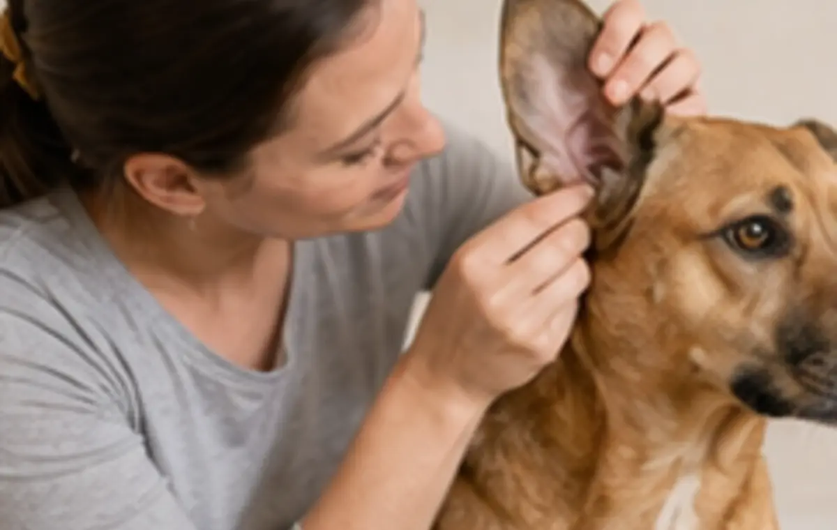 Dog relaxing calmly at home during a gentle care routine